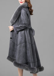Grey Silm Fit Fuzzy Rabbit Leather And Fur Jacket Fox Collar Winter