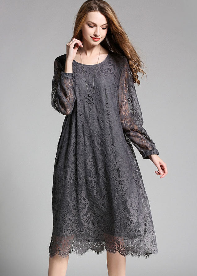 Grey Solid Lace Party Dress O-Neck Hollow Out Long Sleeve