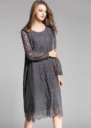 Grey Solid Lace Party Dress O-Neck Hollow Out Long Sleeve
