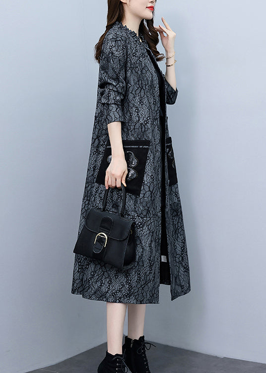 Grey Stand Collar Button Long Trench Coats Spring