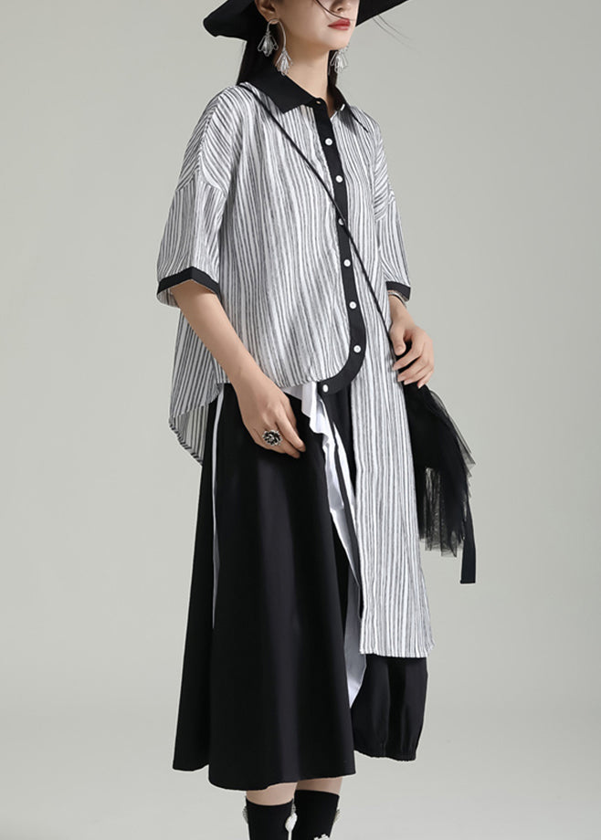 Grey Striped Patchwork Cotton Shirt Tops Asymmetrical Summer