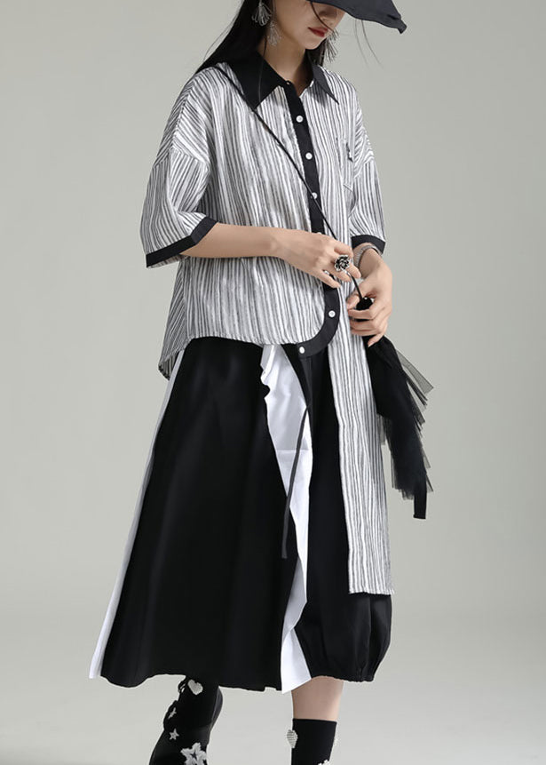 Grey Striped Patchwork Cotton Shirt Tops Asymmetrical Summer