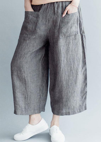 Grey Striped Pockets Wide Leg Fall Casual Pants - SooLinen