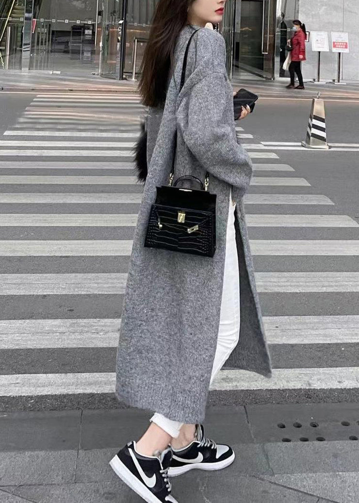 Grey Thick Patchwork Knit Sweaters Dress O Neck Side Open Fall