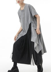 Grey Tulle Patchwork Holiday Dresses Zip Up Short Sleeve