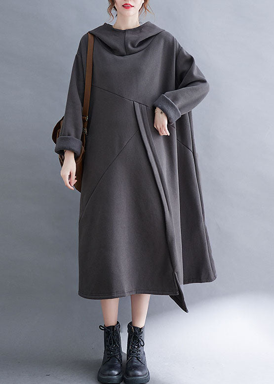 Grey asymmetrical design Warm Fleece Long Dresses Hooded Winter