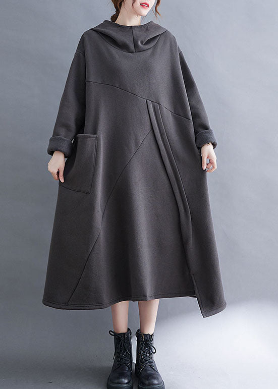 Graues asymmetrisches Design Warme Fleece-lange Kleider mit Kapuze Winter