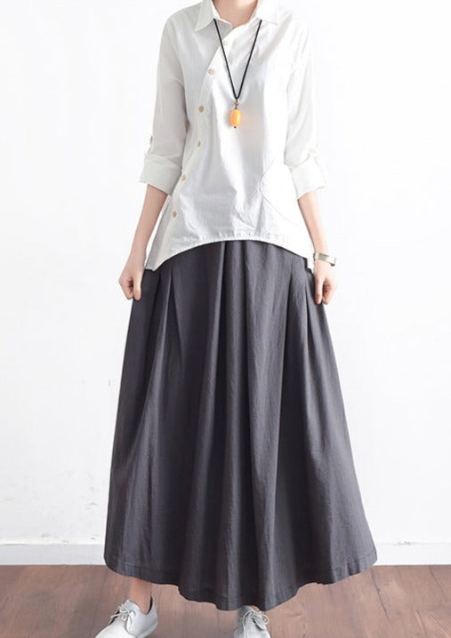 Grey long linen maxi skirt pockets pleated skirts