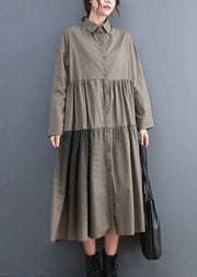 Grey pockets Cotton Shirt Dresses wrinkled Long Sleeve