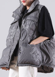 Grey zippered Pockets Print Winter Duck Down Sleeveless down vest