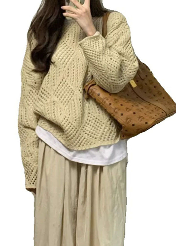 Handmade Apricot Hollow Out Knit Sweater Fall