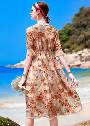 Handmade Apricot O-Neck Embroidered Ruffled Silk Cinch Dresses Short Sleeve