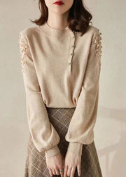 Handmade Apricot O Neck Hollow Out Button Cashmere Knit Pullover Fall
