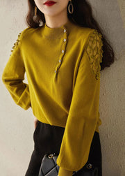 Handmade Apricot O Neck Hollow Out Button Cashmere Knit Pullover Fall
