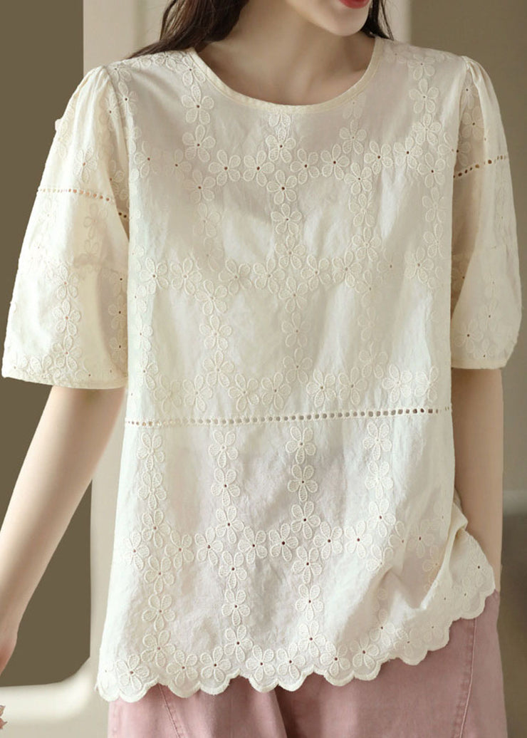 Handmade Apricot O Neck Hollow Out Embroidered Patchwork Cotton Top Summer