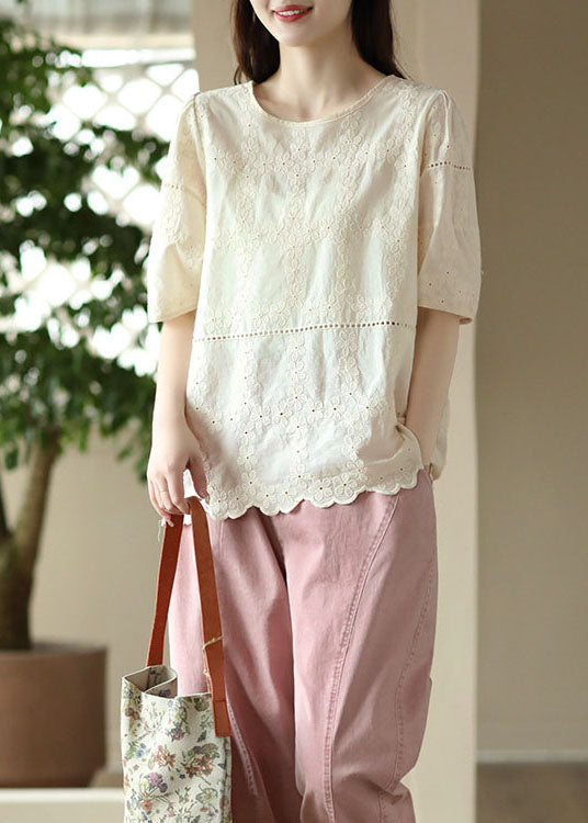 Handmade Apricot O Neck Hollow Out Embroidered Patchwork Cotton Top Summer