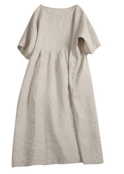 Handmade Apricot Solid O-Neck Wrinkled Patchwork Linen Dress Summer