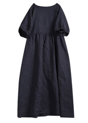 Handmade Apricot Solid O-Neck Wrinkled Patchwork Linen Dress Summer