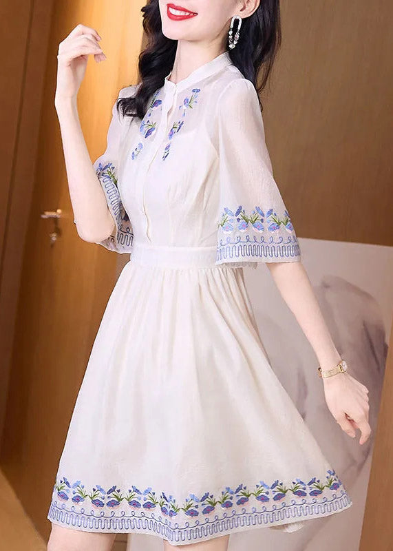 Handmade Apricot Stand Collar Embroidered Floral Slim Mid Dress Short Sleeve