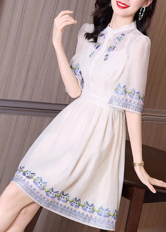 Handmade Apricot Stand Collar Embroidered Floral Slim Mid Dress Short Sleeve