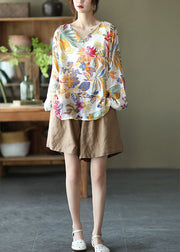 Handmade Apricot V Neck Casual Floral Fall Blouse Long sleeve