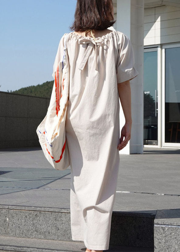 Handmade Apricot V Neck Cinched Patchwork Linen Maxi Dresses Summer