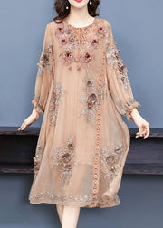 Handmade Apricot V Neck Embroidered Floral Silk Maxi Dress Long Sleeve