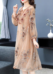Handmade Apricot V Neck Embroidered Floral Silk Maxi Dress Long Sleeve