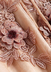 Handgemachtes Aprikosen-V-Ausschnitt, besticktes Blumenseiden-Maxikleid mit langen Ärmeln