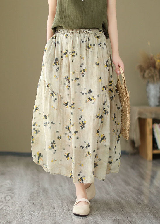 Handmade Apricot Wrinkled Pockets Patchwork Linen Skirts Summer
