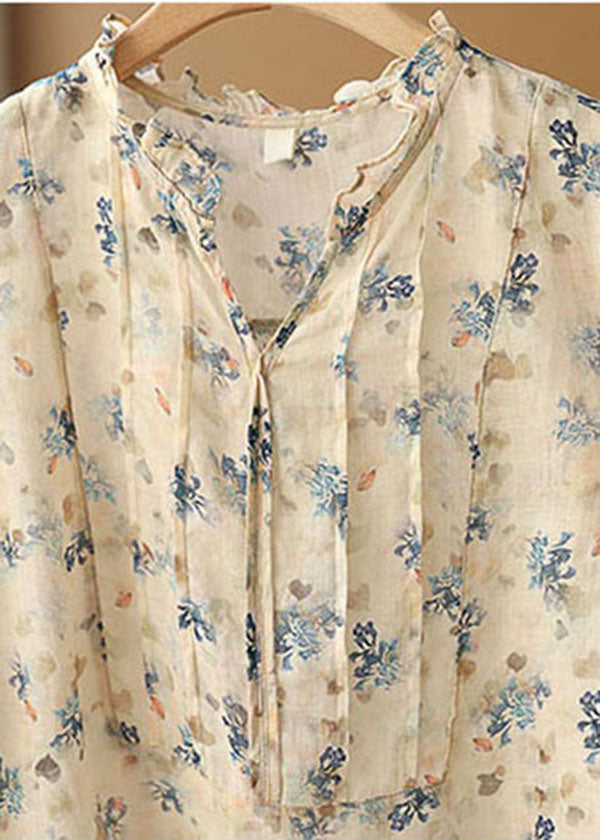 Handmade Apricot Wrinkled Ruffled Print Linen Shirt Tops Half Sleeve