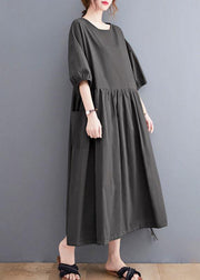 Handmade Army Green Cinched O Neck Vacation Dresses Puff Sleeve - SooLinen