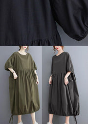 Handmade Army Green Cinched O Neck Vacation Dresses Puff Sleeve - SooLinen