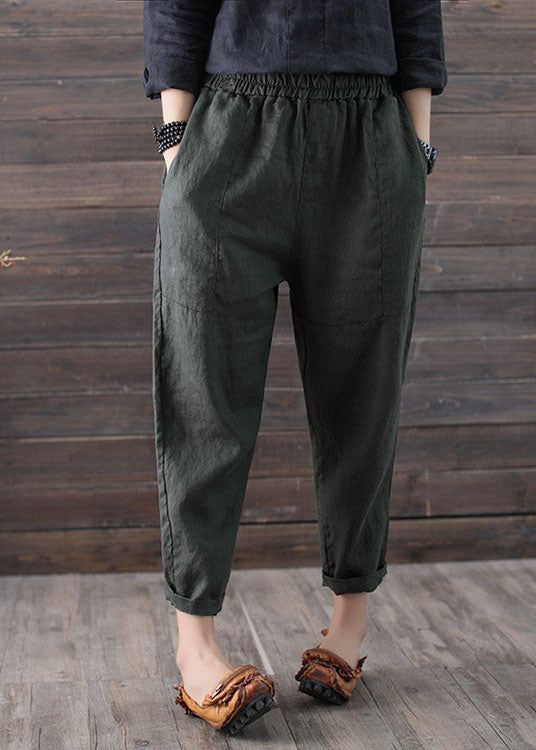 Handmade Army Green Elastic waist Linen Harem Pants Summer