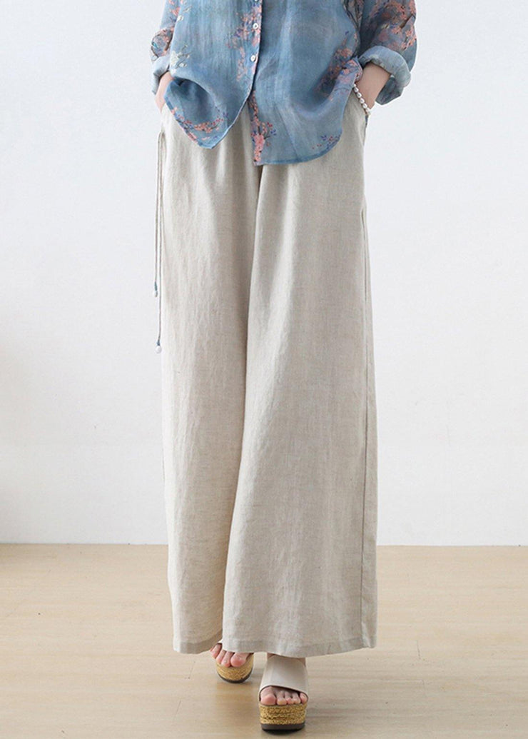 Handmade Beige Elastic Waist Wide Leg Linen Pants - SooLinen
