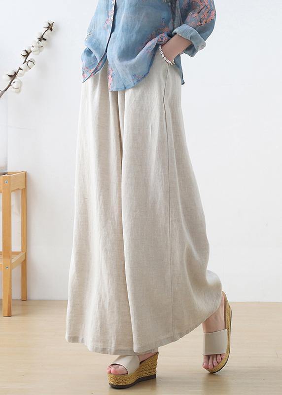 Handmade Beige Elastic Waist Wide Leg Linen Pants - SooLinen