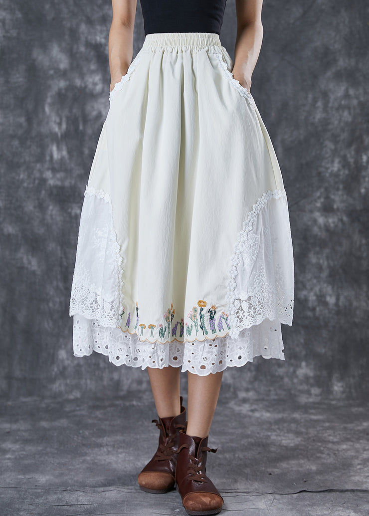 Handmade Beige Embroidered Patchwork Cotton Skirt Fall