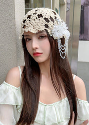 Handmade Beige Embroidery Nail Bead Cotton Knit Bonnie Hat