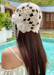 Handmade Beige Embroidery Nail Bead Cotton Knit Bonnie Hat