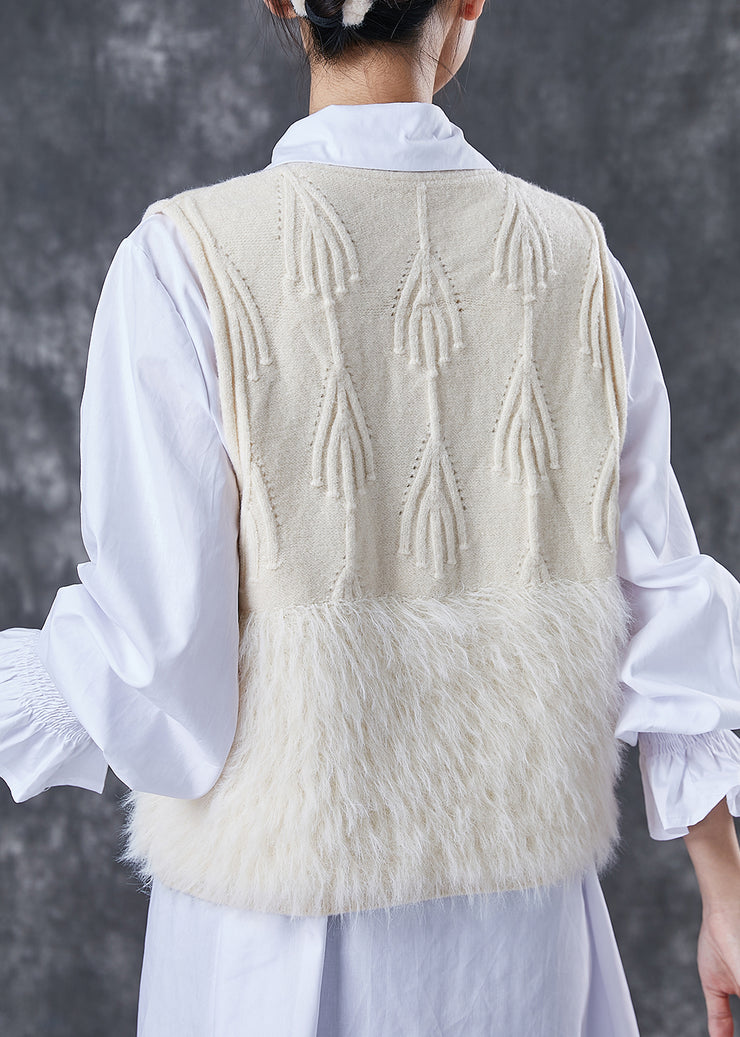 Handmade Beige Patchwork Fuzzy Fur Fluffy Knit Vests Spring