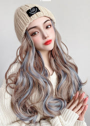 Handmade Beige Patchwork Gradient Color Long Curly Hair Knit Wig Hat