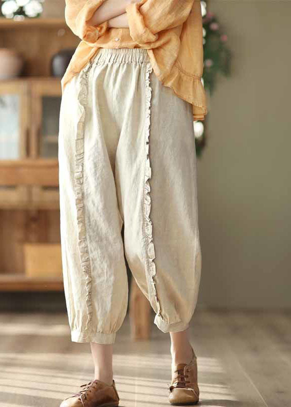 Handmade Beige Ruffled Patchwork Linen Crop Pants Summer