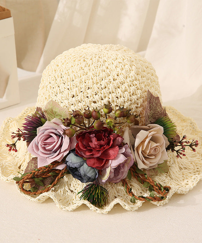 Handmade Beige Ruffled Straw Woven Floral Holiday Bucket Hat