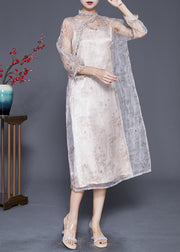 Handmade Beige Stand Collar Patchwork Lace Organza Maxi Dress Bracelet Sleeve