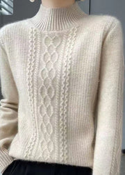 Handmade Beige Stand Collar Thick Cashmere Knitted Tops Fall