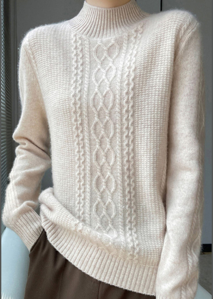 Handmade Beige Stand Collar Thick Cashmere Knitted Tops Fall