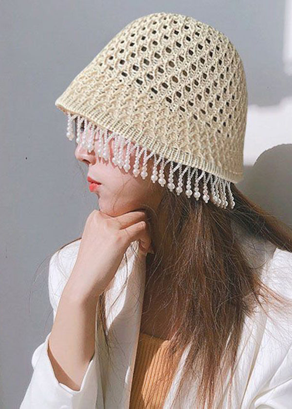 Handmade Beige Tasseled Straw Woven Bucket Hat