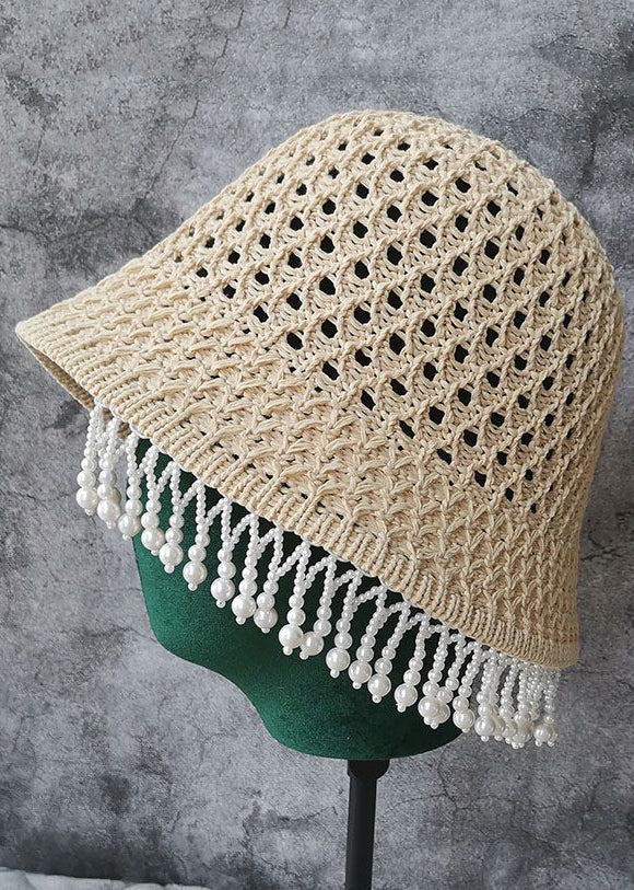 Handmade Beige Tasseled Straw Woven Bucket Hat
