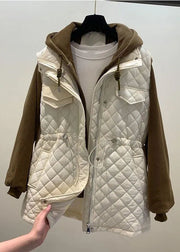 Handmade Beige Zippered Patchwork Drawstring Winter Hooded Coats Fall