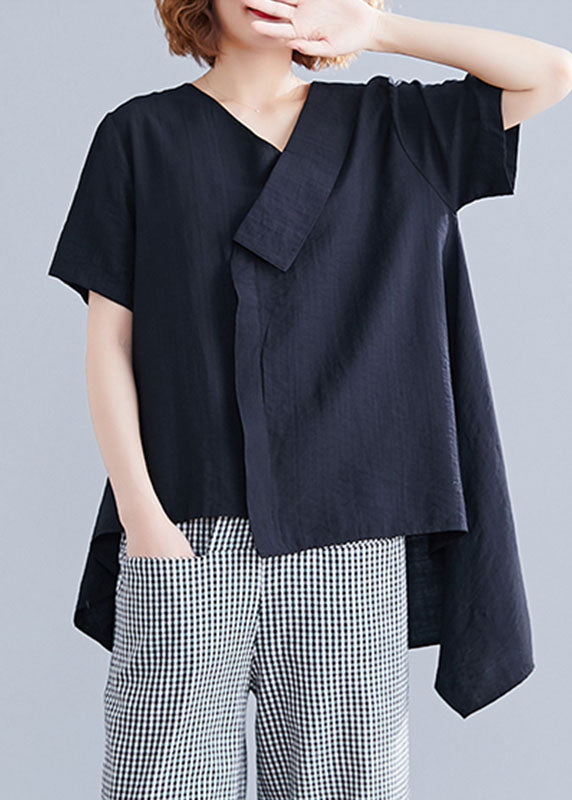 Handmade Black Asymmetrical Patchwork Cotton T Shirt Short Sleeve